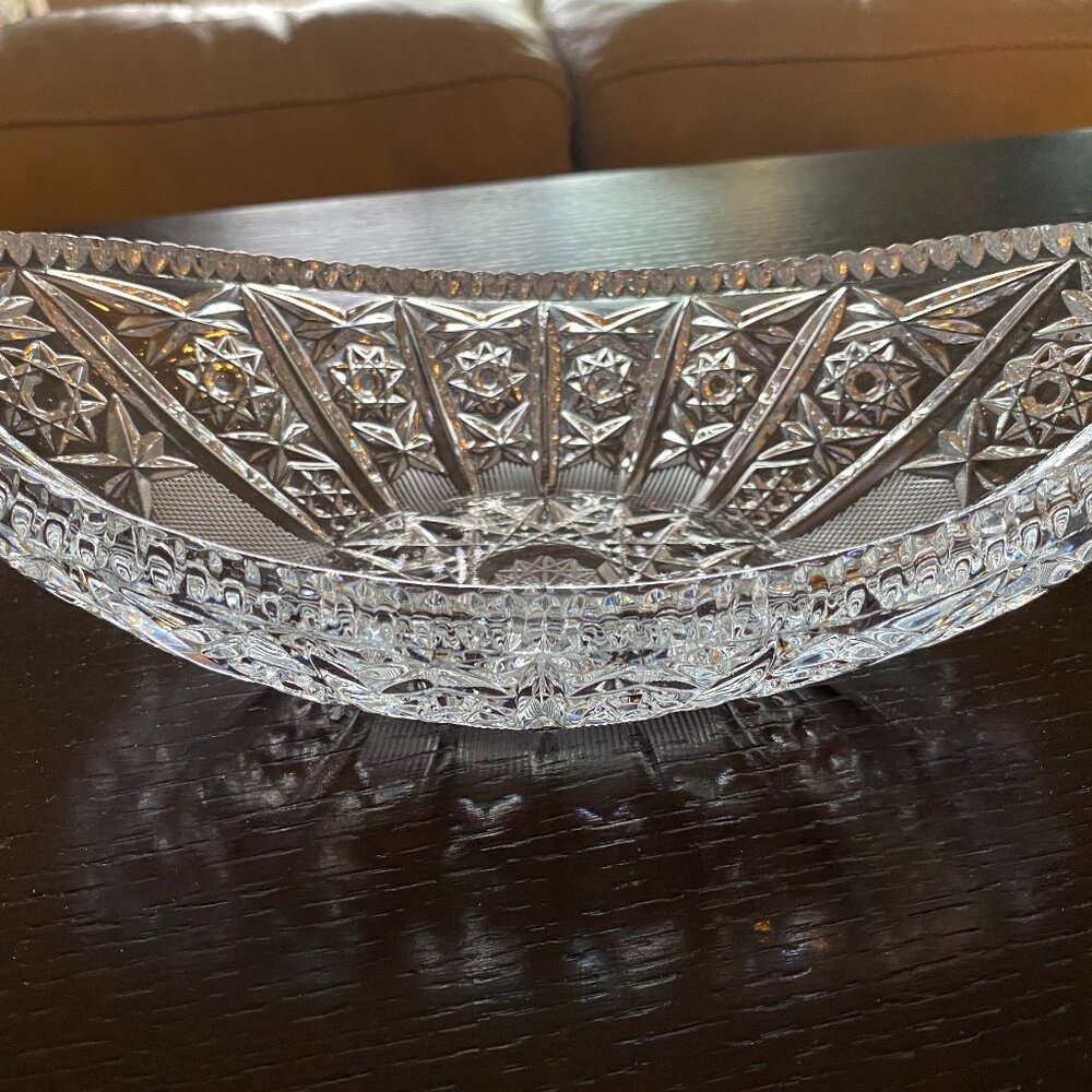 Vintage Bohemian cut to clear crystal bowl Boat shape Mad in Czechia in1970s NEW